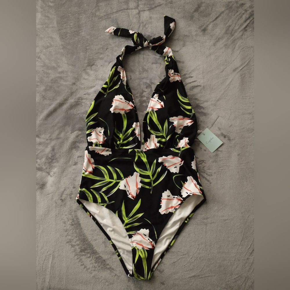 Cupshe one-piece swimsuit, black floral, size L